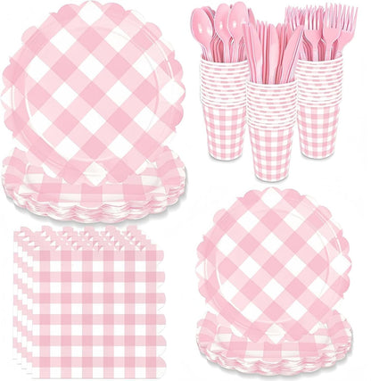 Pink Gingham Tea Party Disposable Tableware Set - 176-Piece Includes 9" & 7" Paper Plates, Cups, Napkins, Cutlery, Plus 1 Hanging Pennant Banner for Birthday, Baby Shower, Garden Party Decor
