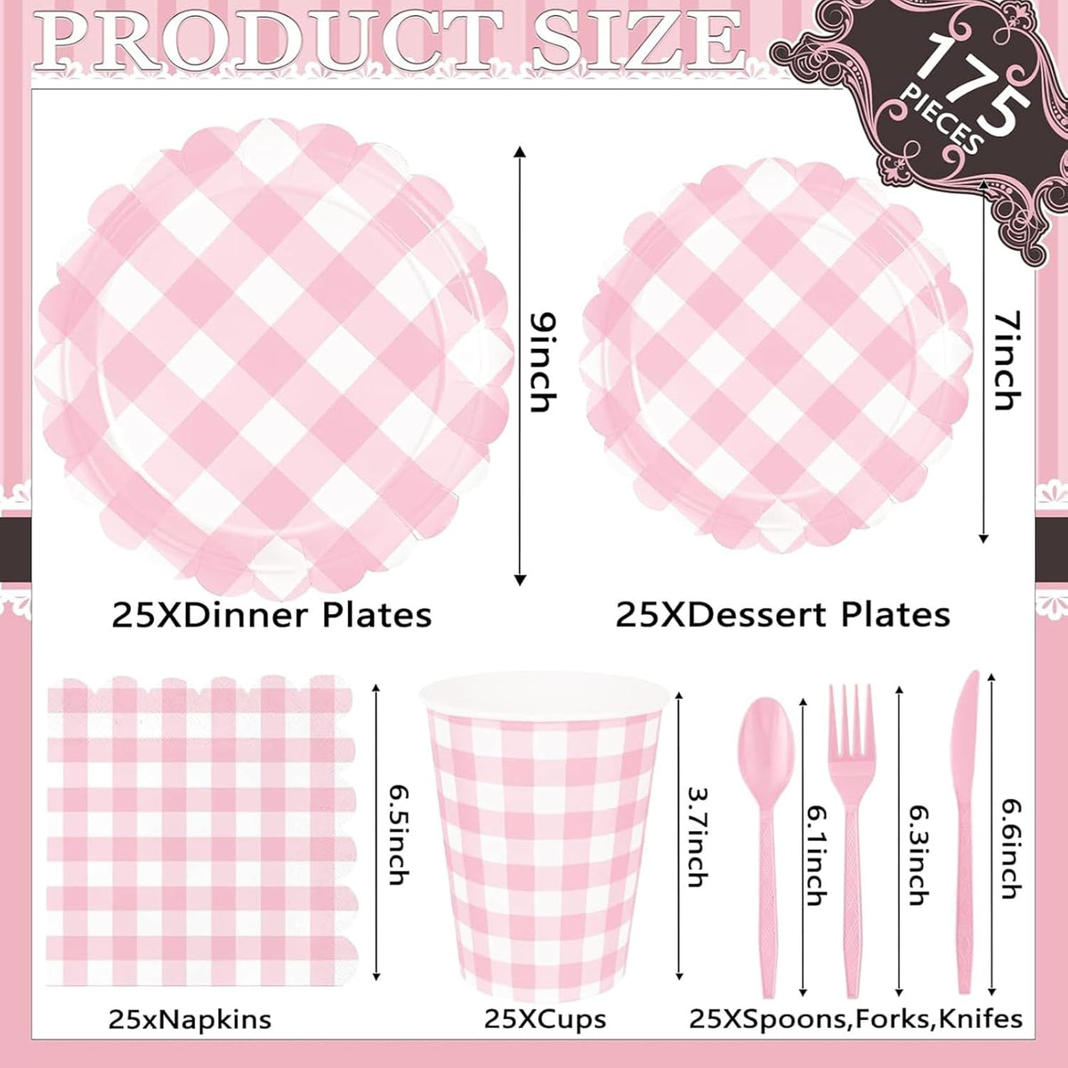 Pink Gingham Tea Party Disposable Tableware Set - 176-Piece Includes 9" & 7" Paper Plates, Cups, Napkins, Cutlery, Plus 1 Hanging Pennant Banner for Birthday, Baby Shower, Garden Party Decor