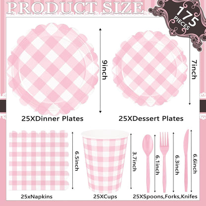 Pink Gingham Tea Party Disposable Tableware Set - 176-Piece Includes 9" & 7" Paper Plates, Cups, Napkins, Cutlery, Plus 1 Hanging Pennant Banner for Birthday, Baby Shower, Garden Party Decor