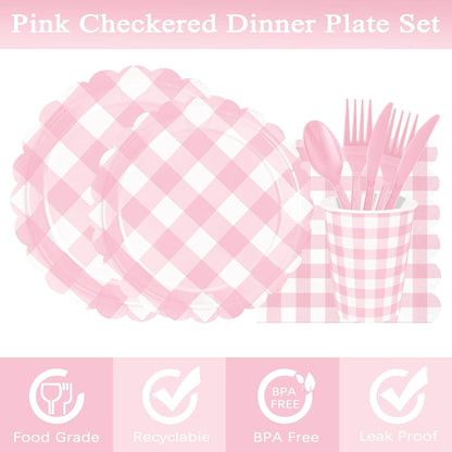 Pink Gingham Tea Party Disposable Tableware Set - 176-Piece Includes 9" & 7" Paper Plates, Cups, Napkins, Cutlery, Plus 1 Hanging Pennant Banner for Birthday, Baby Shower, Garden Party Decor