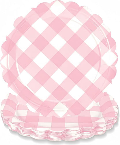 Pink Gingham Tea Party Disposable Tableware Set - 176-Piece Includes 9" & 7" Paper Plates, Cups, Napkins, Cutlery, Plus 1 Hanging Pennant Banner for Birthday, Baby Shower, Garden Party Decor