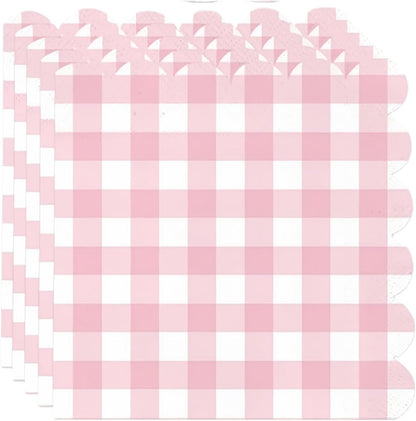 Pink Gingham Tea Party Disposable Tableware Set - 176-Piece Includes 9" & 7" Paper Plates, Cups, Napkins, Cutlery, Plus 1 Hanging Pennant Banner for Birthday, Baby Shower, Garden Party Decor