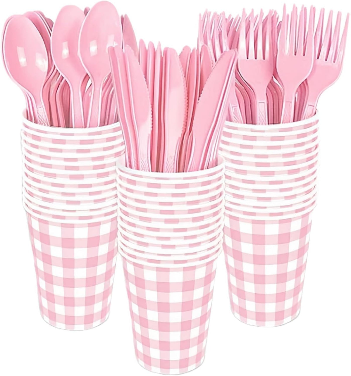 Pink Gingham Tea Party Disposable Tableware Set - 176-Piece Includes 9" & 7" Paper Plates, Cups, Napkins, Cutlery, Plus 1 Hanging Pennant Banner for Birthday, Baby Shower, Garden Party Decor