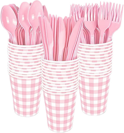Pink Gingham Tea Party Disposable Tableware Set - 176-Piece Includes 9" & 7" Paper Plates, Cups, Napkins, Cutlery, Plus 1 Hanging Pennant Banner for Birthday, Baby Shower, Garden Party Decor