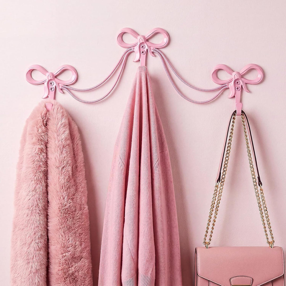1 Set Bow Wall Hooks, 3 Hook Bow Style, Pink