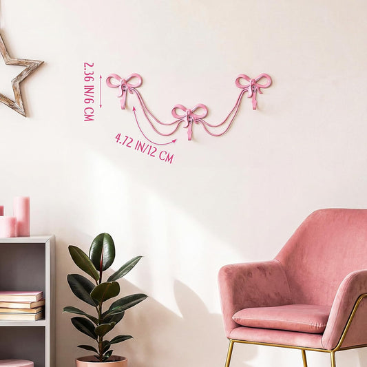 1 Set Bow Wall Hooks, 3 Hook Bow Style, Pink
