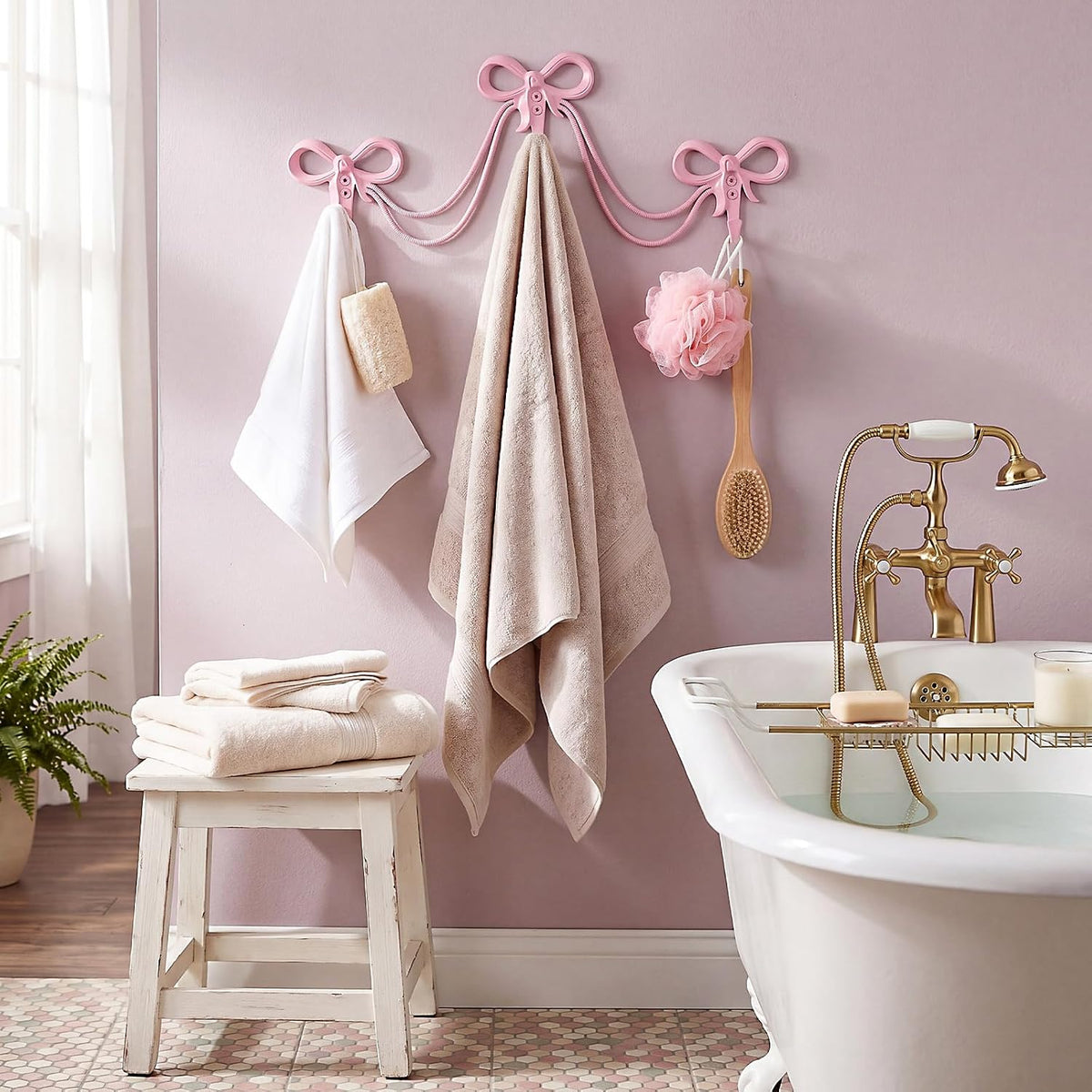 1 Set Bow Wall Hooks, 3 Hook Bow Style, Pink