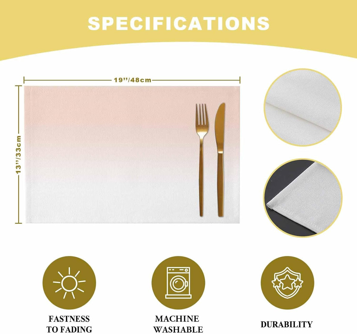 Dreamy Peach Placemats Set of 2 Pink and White Gradient Place Mats Washable Table Mats for Party Kitchen Dining Decoration, 13 X 19 Inch