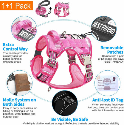 Beebiepet Heavy Duty Tactical Dog Harness for Small Dogs, No Pull Adjustable Pet Harness Reflective Service Training Easy Control Pet Vest Military K9 Working Dog Harnesses- Large, Pink Camo