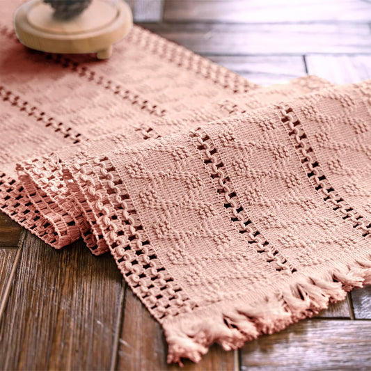 Macrame Table Runner Pure Pink Boho Table Runners with Tassels Hand Woven Cotton Table Runner Rustic Farmhouse Table Runners for Bohemian Kitchen Dining Table(12x71in)