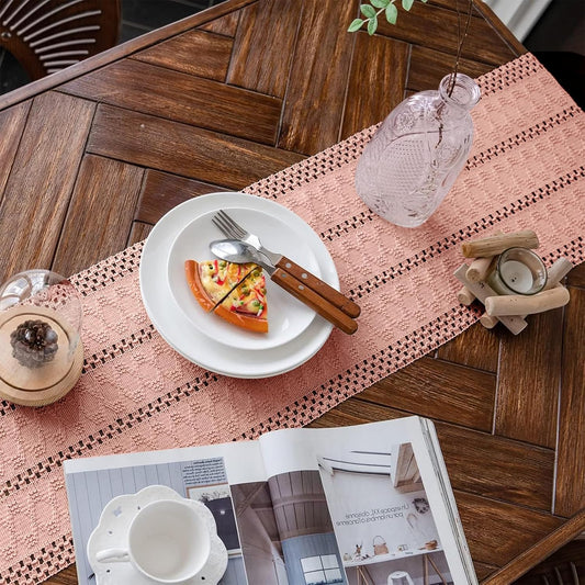 Macrame Table Runner Pure Pink Boho Table Runners with Tassels Hand Woven Cotton Table Runner Rustic Farmhouse Table Runners for Bohemian Kitchen Dining Table(12x71in)