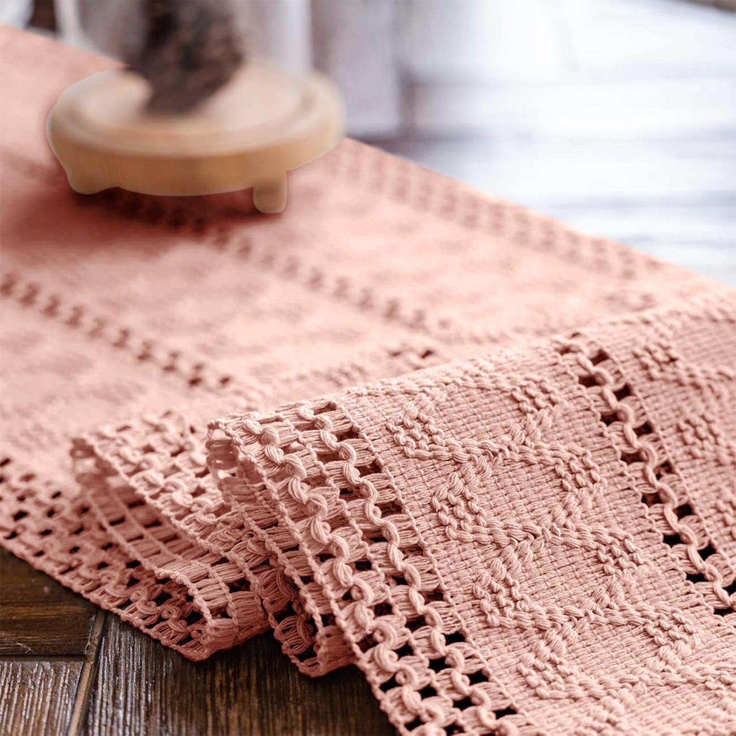 Macrame Table Runner Pure Pink Boho Table Runners with Tassels Hand Woven Cotton Table Runner Rustic Farmhouse Table Runners for Bohemian Kitchen Dining Table(12x71in)