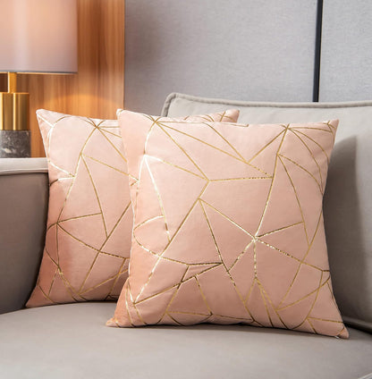 Pack of 2 Velvet Cushion Cases Decorative Gold Foil Geometric Pattern Ultra-Soft Square Throw Pillow Covers for Modern Homes Couch Sofa Bedroom Living Room Car Chair (Peach, 20"X20")
