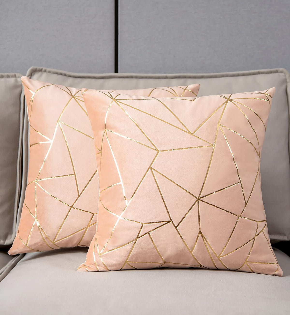 Pack of 2 Velvet Cushion Cases Decorative Gold Foil Geometric Pattern Ultra-Soft Square Throw Pillow Covers for Modern Homes Couch Sofa Bedroom Living Room Car Chair (Peach, 20"X20")