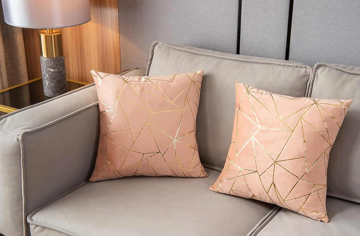 Pack of 2 Velvet Cushion Cases Decorative Gold Foil Geometric Pattern Ultra-Soft Square Throw Pillow Covers for Modern Homes Couch Sofa Bedroom Living Room Car Chair (Peach, 20"X20")