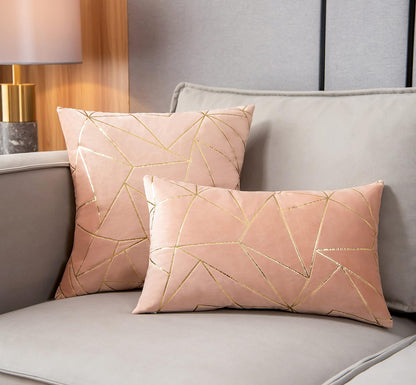 Pack of 2 Velvet Cushion Cases Decorative Gold Foil Geometric Pattern Ultra-Soft Square Throw Pillow Covers for Modern Homes Couch Sofa Bedroom Living Room Car Chair (Peach, 20"X20")