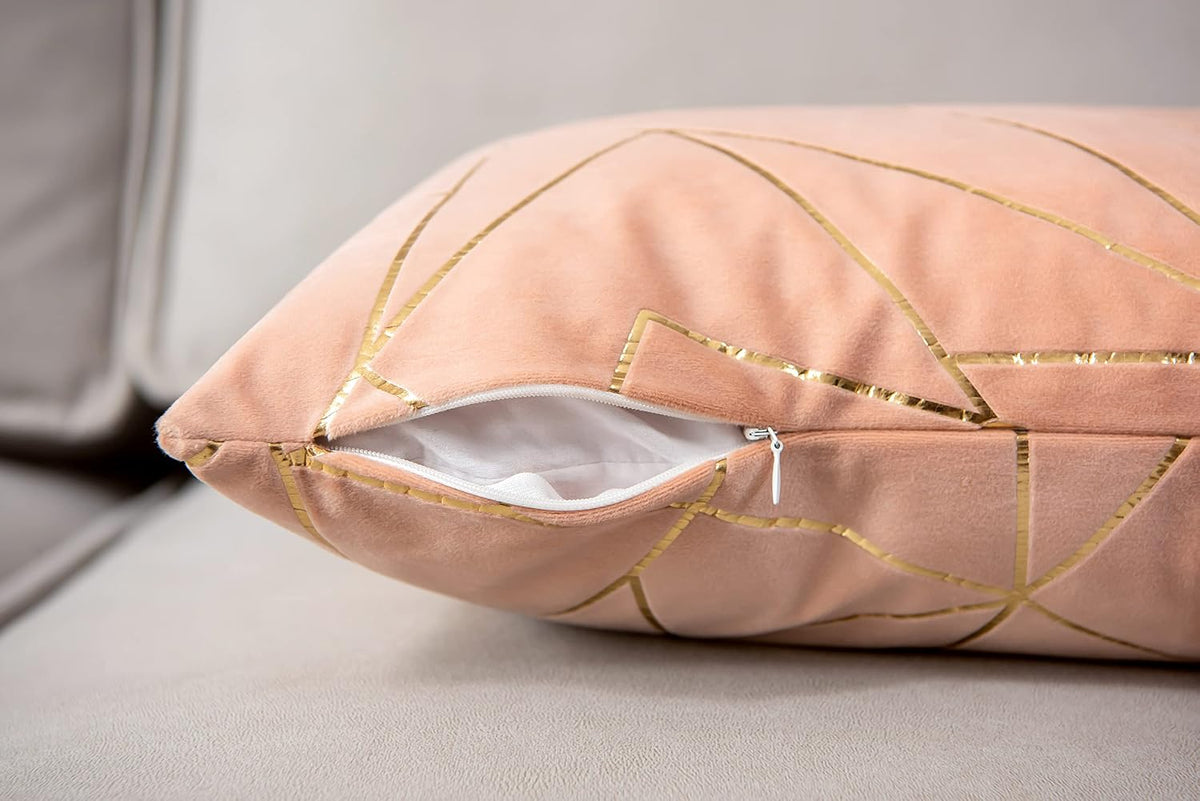 Pack of 2 Velvet Cushion Cases Decorative Gold Foil Geometric Pattern Ultra-Soft Square Throw Pillow Covers for Modern Homes Couch Sofa Bedroom Living Room Car Chair (Peach, 20"X20")