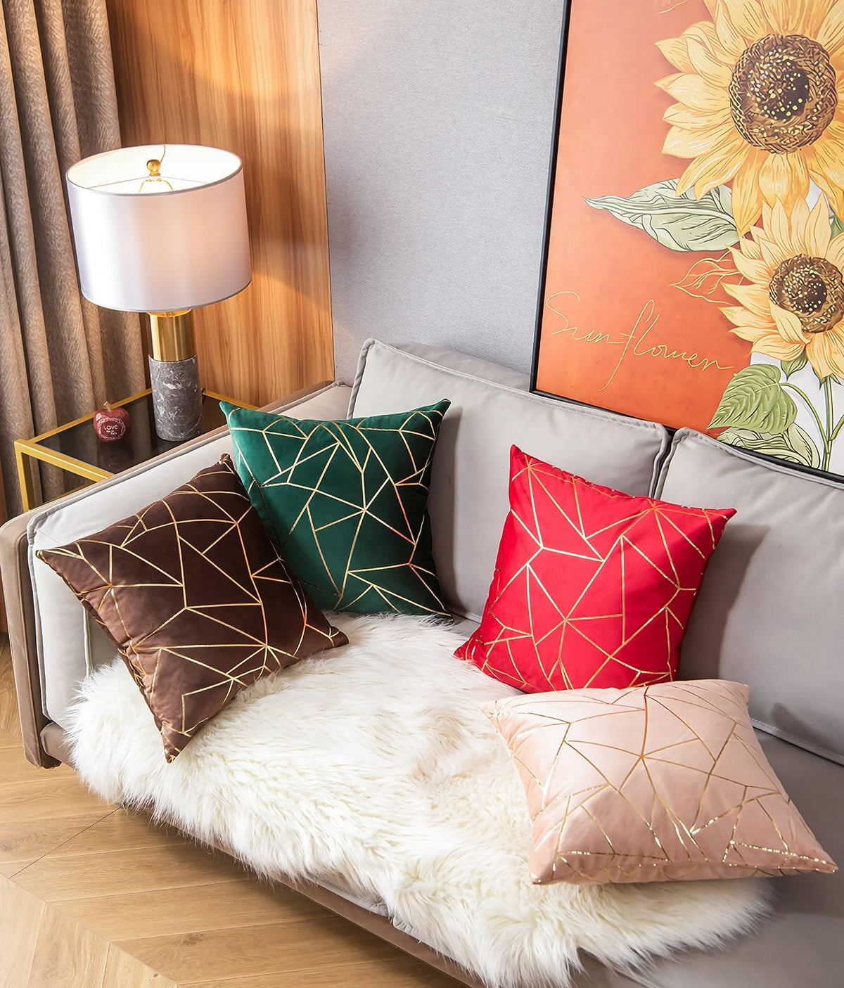Pack of 2 Velvet Cushion Cases Decorative Gold Foil Geometric Pattern Ultra-Soft Square Throw Pillow Covers for Modern Homes Couch Sofa Bedroom Living Room Car Chair (Peach, 20"X20")