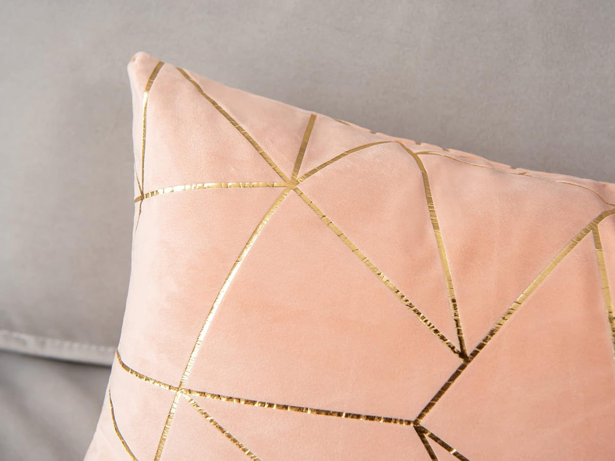 Pack of 2 Velvet Cushion Cases Decorative Gold Foil Geometric Pattern Ultra-Soft Square Throw Pillow Covers for Modern Homes Couch Sofa Bedroom Living Room Car Chair (Peach, 20"X20")