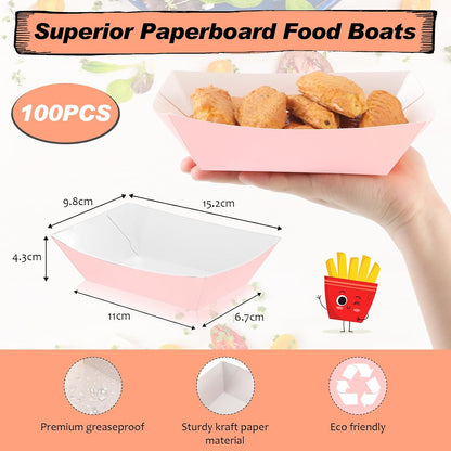 100 Pcs 2lb Paper Food Trays Boat Nacho Boats for Hot Dogs, Light Pink