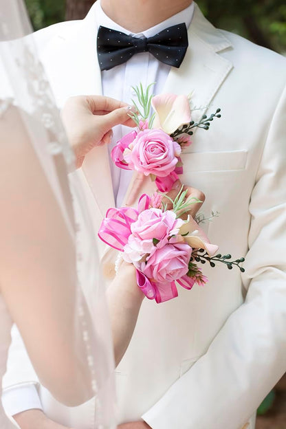 1Pc Single Soft Rose Pink Boutonnieres for Men Wedding Prom