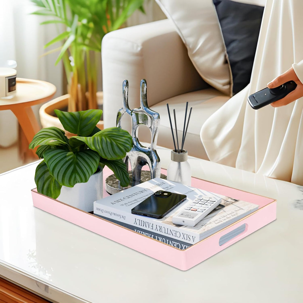 Pink Decorative Tray for Coffee Table, Serving Tray with Handles