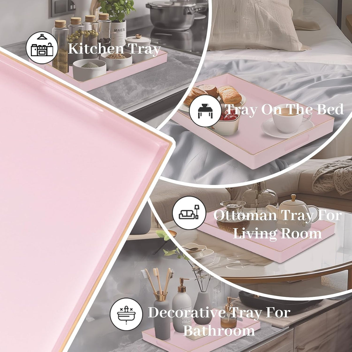 Pink Decorative Tray for Coffee Table, Serving Tray with Handles
