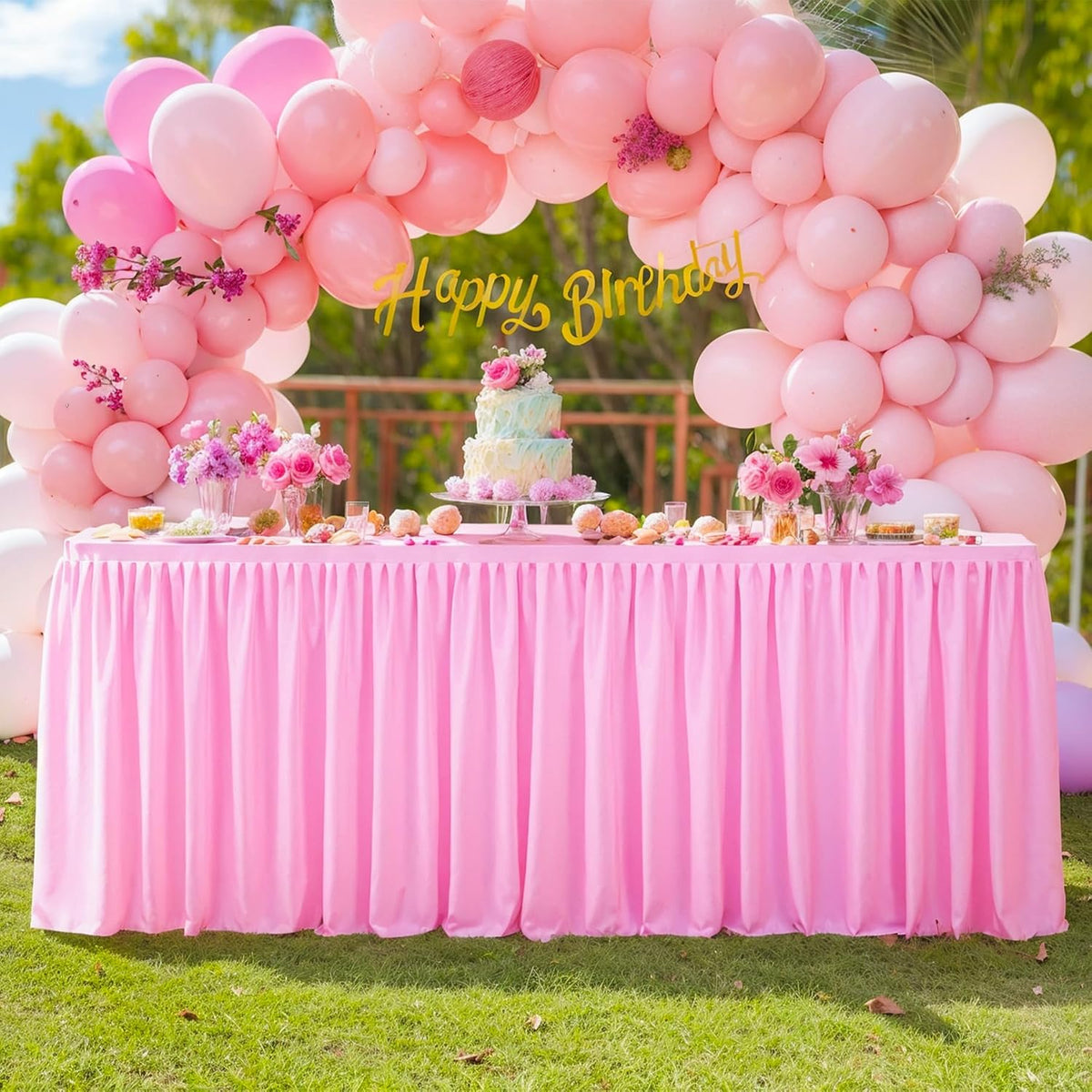 Pink Table Clothes for Rectangle Tables 6ft, Wrinkle Resistant Fitted Table Cloth with Pleated Ruffle Skirts for Banquet Wedding Baby Shower Folding Tables