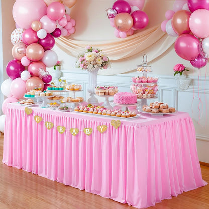 Pink Table Clothes for Rectangle Tables 6ft, Wrinkle Resistant Fitted Table Cloth with Pleated Ruffle Skirts for Banquet Wedding Baby Shower Folding Tables