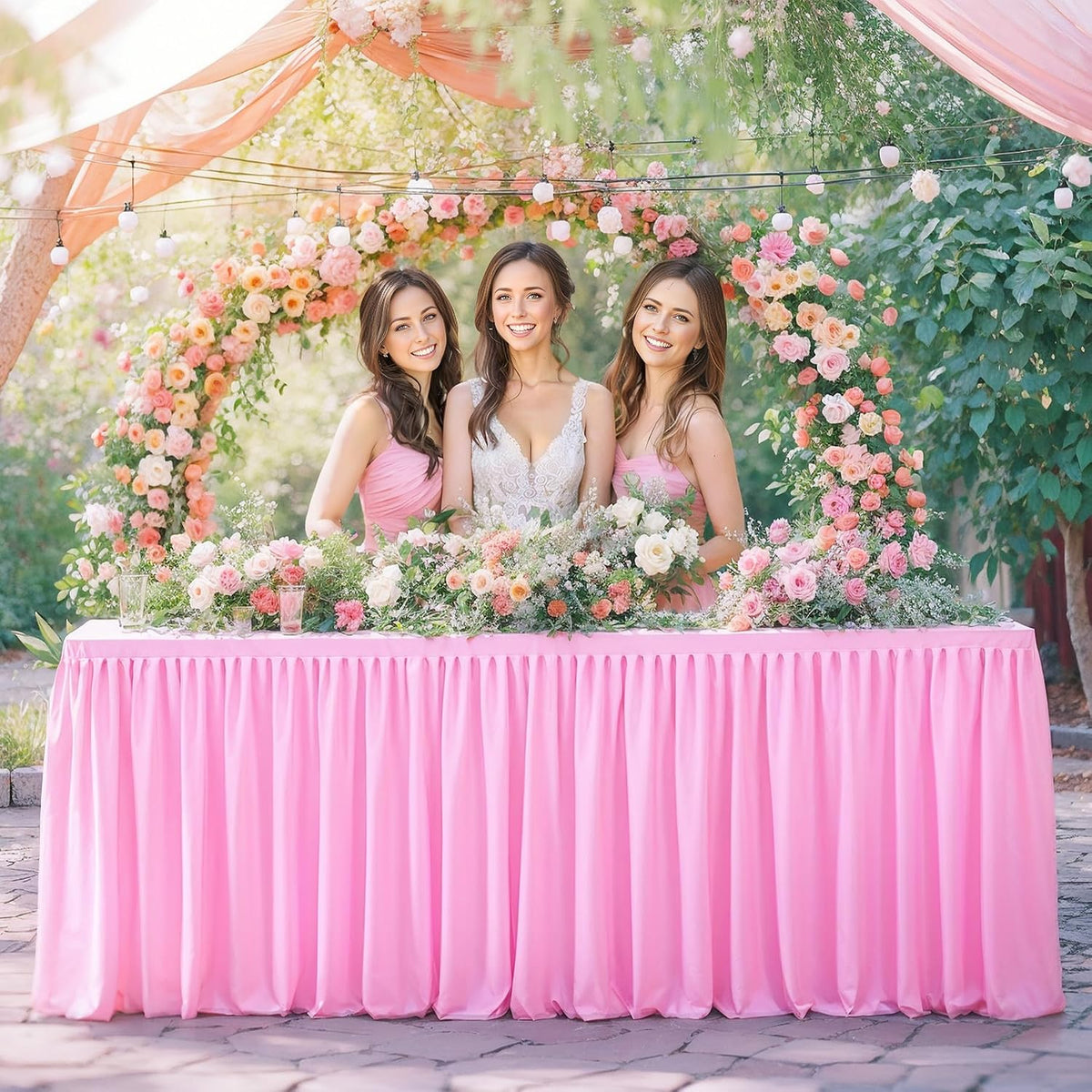 Pink Table Clothes for Rectangle Tables 6ft, Wrinkle Resistant Fitted Table Cloth with Pleated Ruffle Skirts for Banquet Wedding Baby Shower Folding Tables