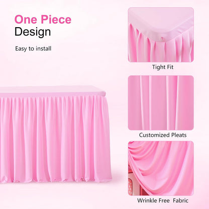 Pink Table Clothes for Rectangle Tables 6ft, Wrinkle Resistant Fitted Table Cloth with Pleated Ruffle Skirts for Banquet Wedding Baby Shower Folding Tables
