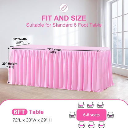 Pink Table Clothes for Rectangle Tables 6ft, Wrinkle Resistant Fitted Table Cloth with Pleated Ruffle Skirts for Banquet Wedding Baby Shower Folding Tables