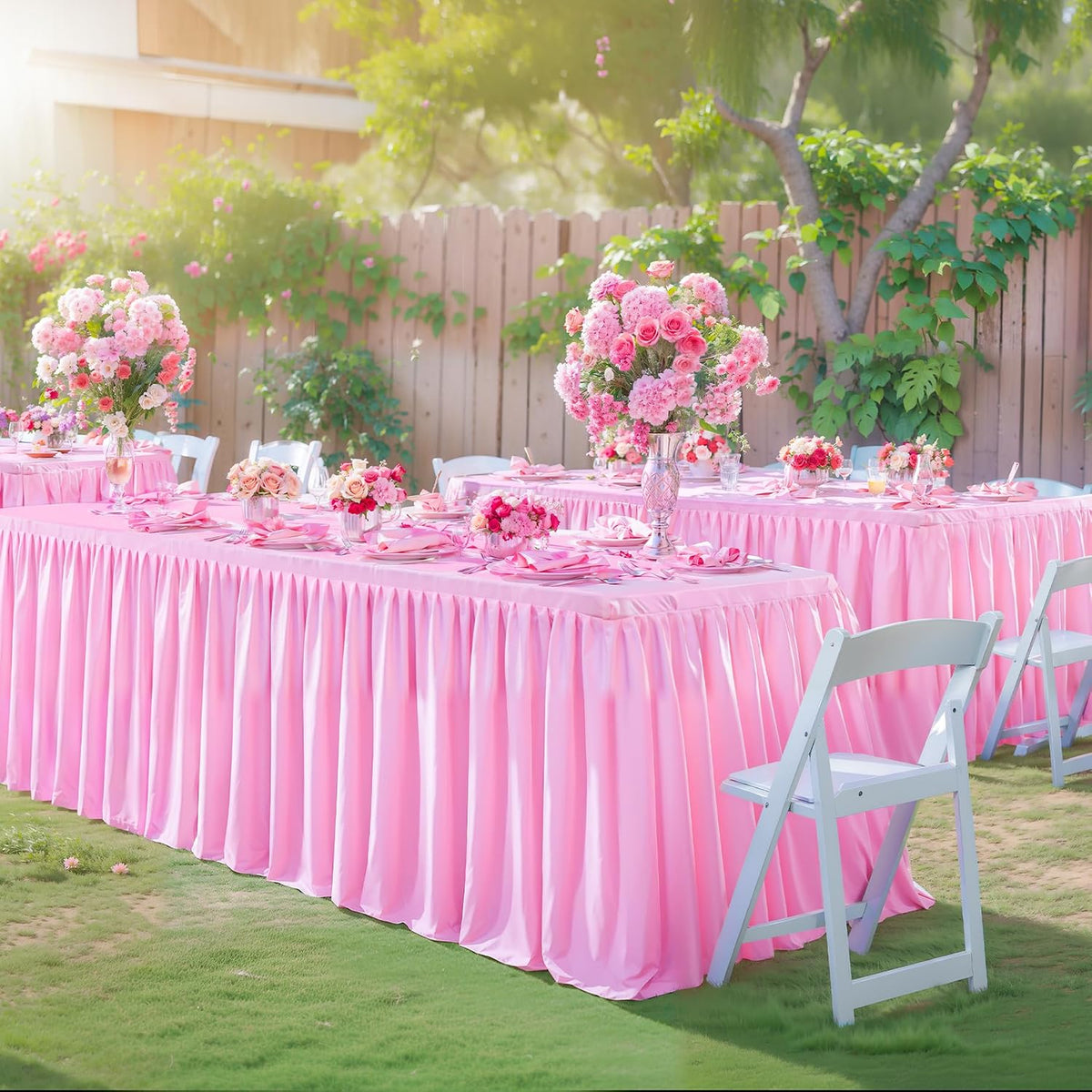 Pink Table Clothes for Rectangle Tables 6ft, Wrinkle Resistant Fitted Table Cloth with Pleated Ruffle Skirts for Banquet Wedding Baby Shower Folding Tables