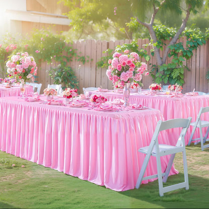Pink Table Clothes for Rectangle Tables 6ft, Wrinkle Resistant Fitted Table Cloth with Pleated Ruffle Skirts for Banquet Wedding Baby Shower Folding Tables