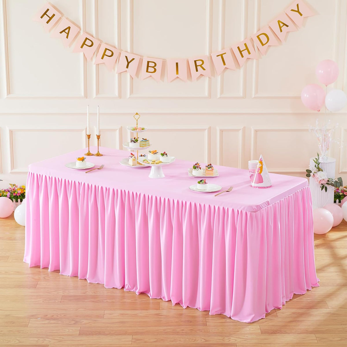 Pink Table Clothes for Rectangle Tables 6ft, Wrinkle Resistant Fitted Table Cloth with Pleated Ruffle Skirts for Banquet Wedding Baby Shower Folding Tables