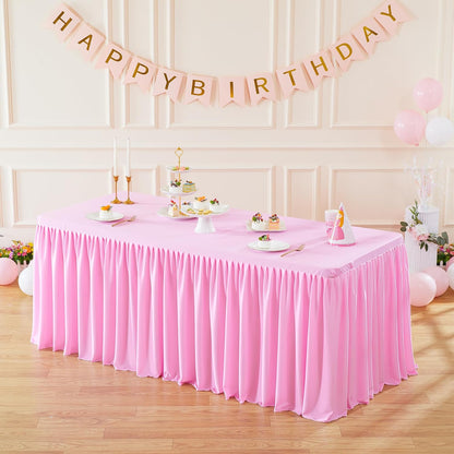 Pink Table Clothes for Rectangle Tables 6ft, Wrinkle Resistant Fitted Table Cloth with Pleated Ruffle Skirts for Banquet Wedding Baby Shower Folding Tables