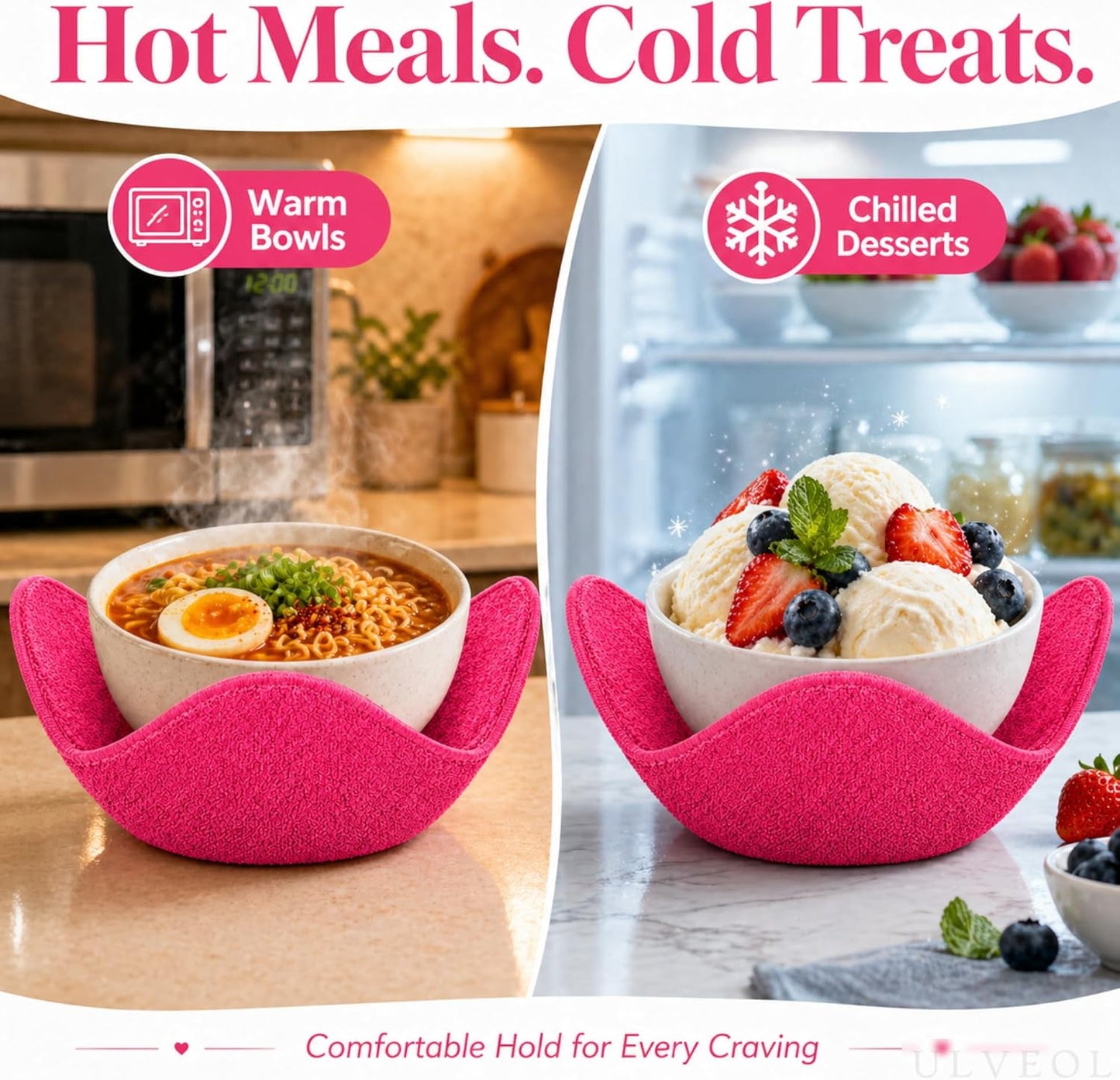Set 2X Pink 7" sq. x 4" H Inch Microwave Bowl Cloth Hot Pads Pot Holders Polyester Microwavable Bowl Cozies for Food, Ooma, Ramen Bowls Cozy or Soup Koozie, Good Kitchen Accessories, Gadgets