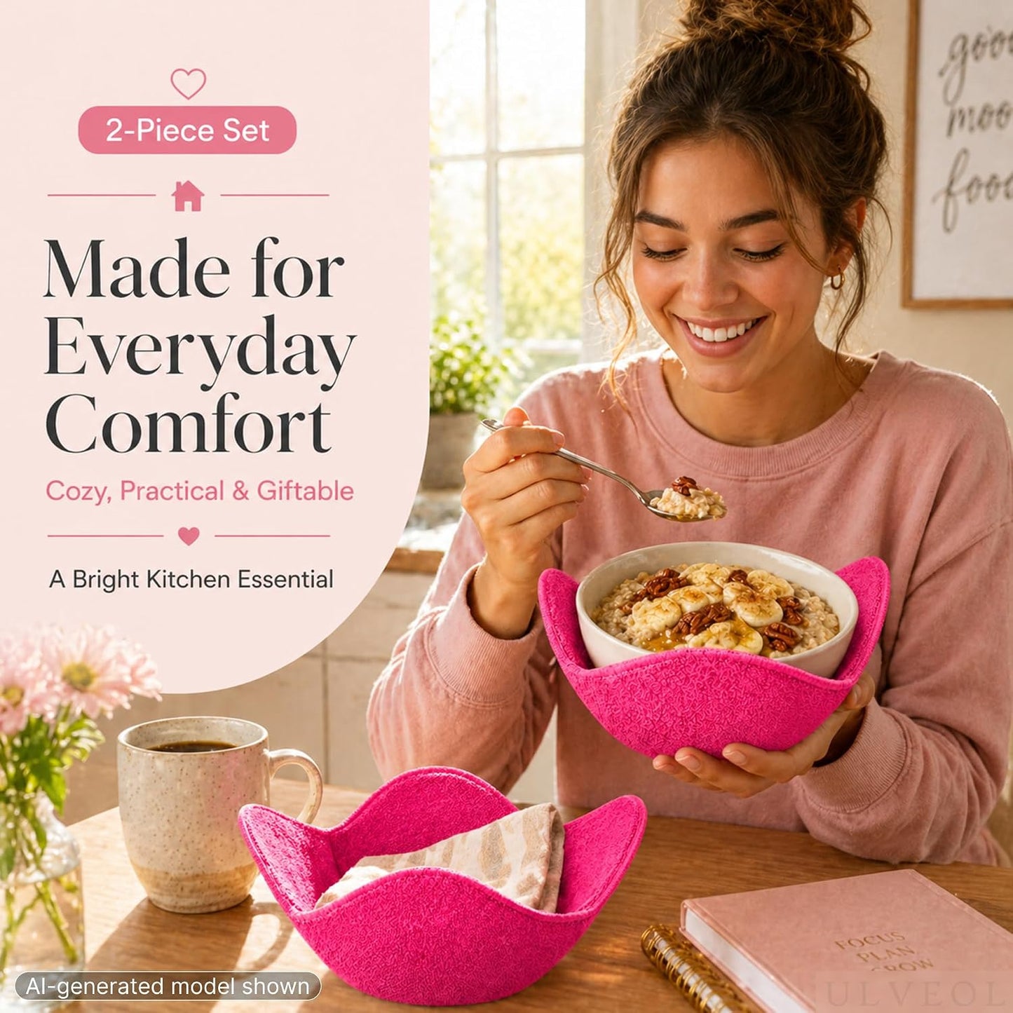 Set 2X Pink 7" sq. x 4" H Inch Microwave Bowl Cloth Hot Pads Pot Holders Polyester Microwavable Bowl Cozies for Food, Ooma, Ramen Bowls Cozy or Soup Koozie, Good Kitchen Accessories, Gadgets