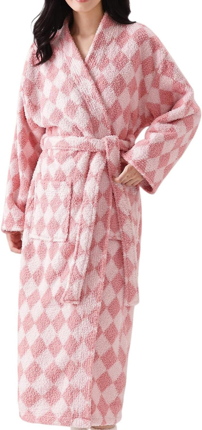 Women's Striped Plush Robe Long Soft Fluffy Bathrobe
