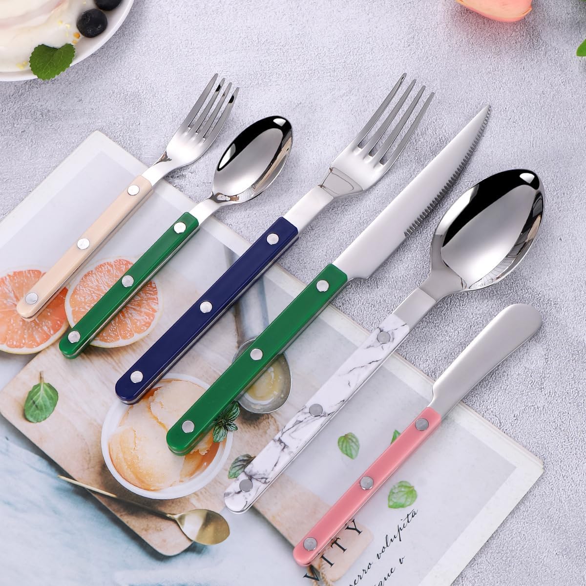 Rivet Clamp Handle Kitchen Stainless Steel Silverware Tableware Flatware Cutlery Fork Western Tableware -Pink,4 pieces