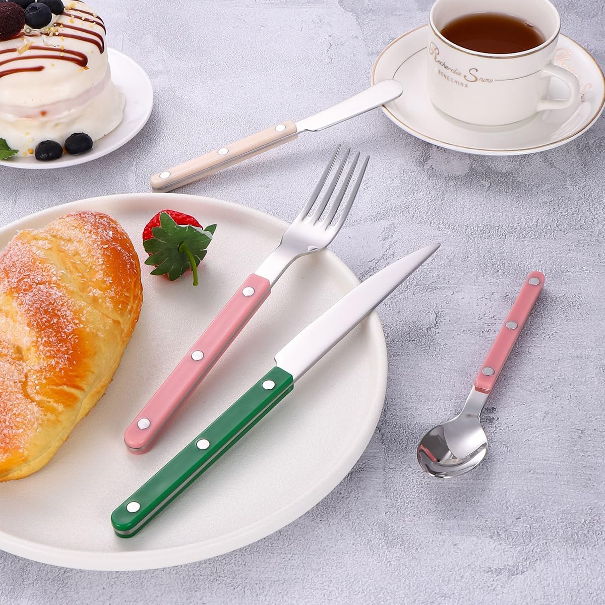 Rivet Clamp Handle Kitchen Stainless Steel Silverware Tableware Flatware Cutlery Fork Western Tableware -Pink,4 pieces