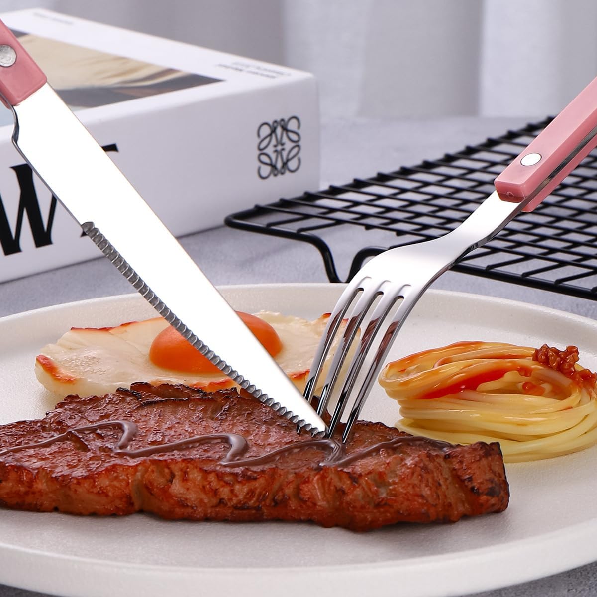 Rivet Clamp Handle Kitchen Stainless Steel Silverware Tableware Flatware Cutlery Fork Western Tableware -Pink,4 pieces