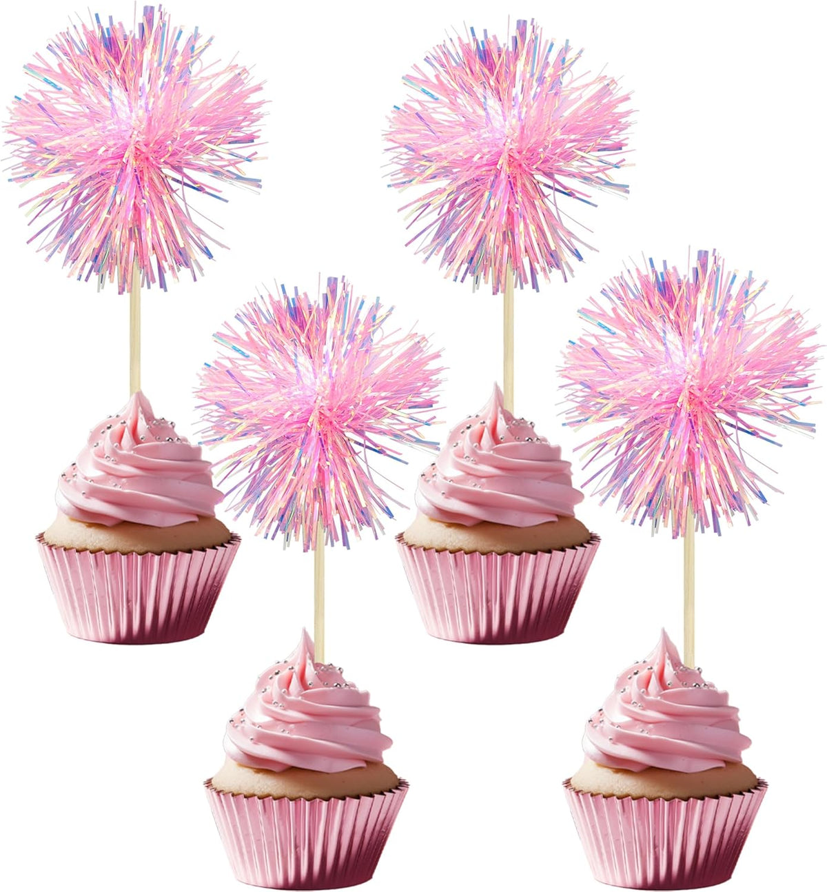 30Pcs Foil Firework Cupcake Toppers Sparkle Tinsel Cake Toppers Tinsel Drink Cake Decoration Cocktail Picks for Birthday Wedding Graduation Party Supplies Dark Pink