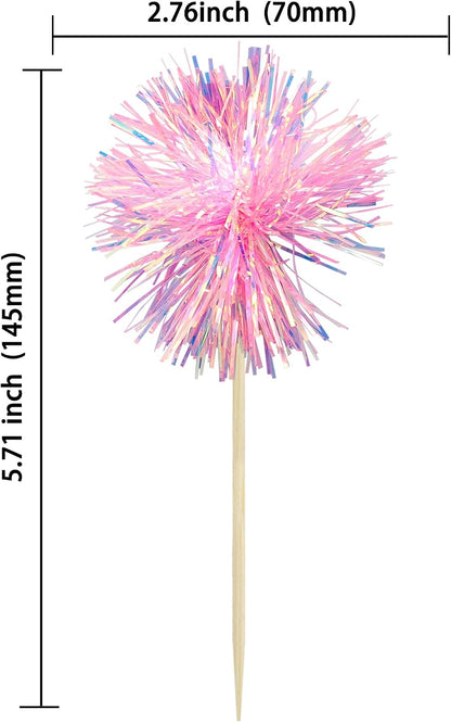 30Pcs Foil Firework Cupcake Toppers Sparkle Tinsel Cake Toppers Tinsel Drink Cake Decoration Cocktail Picks for Birthday Wedding Graduation Party Supplies Dark Pink