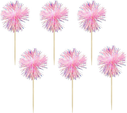 30Pcs Foil Firework Cupcake Toppers Sparkle Tinsel Cake Toppers Tinsel Drink Cake Decoration Cocktail Picks for Birthday Wedding Graduation Party Supplies Dark Pink