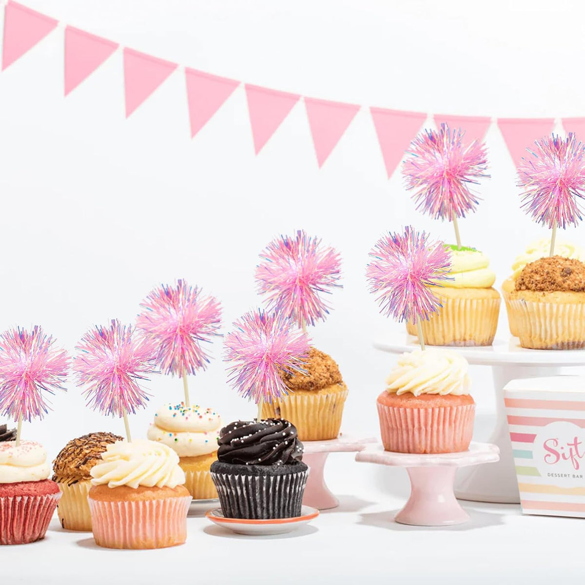 30Pcs Foil Firework Cupcake Toppers Sparkle Tinsel Cake Toppers Tinsel Drink Cake Decoration Cocktail Picks for Birthday Wedding Graduation Party Supplies Dark Pink