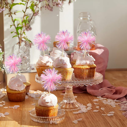 30Pcs Foil Firework Cupcake Toppers Sparkle Tinsel Cake Toppers Tinsel Drink Cake Decoration Cocktail Picks for Birthday Wedding Graduation Party Supplies Dark Pink