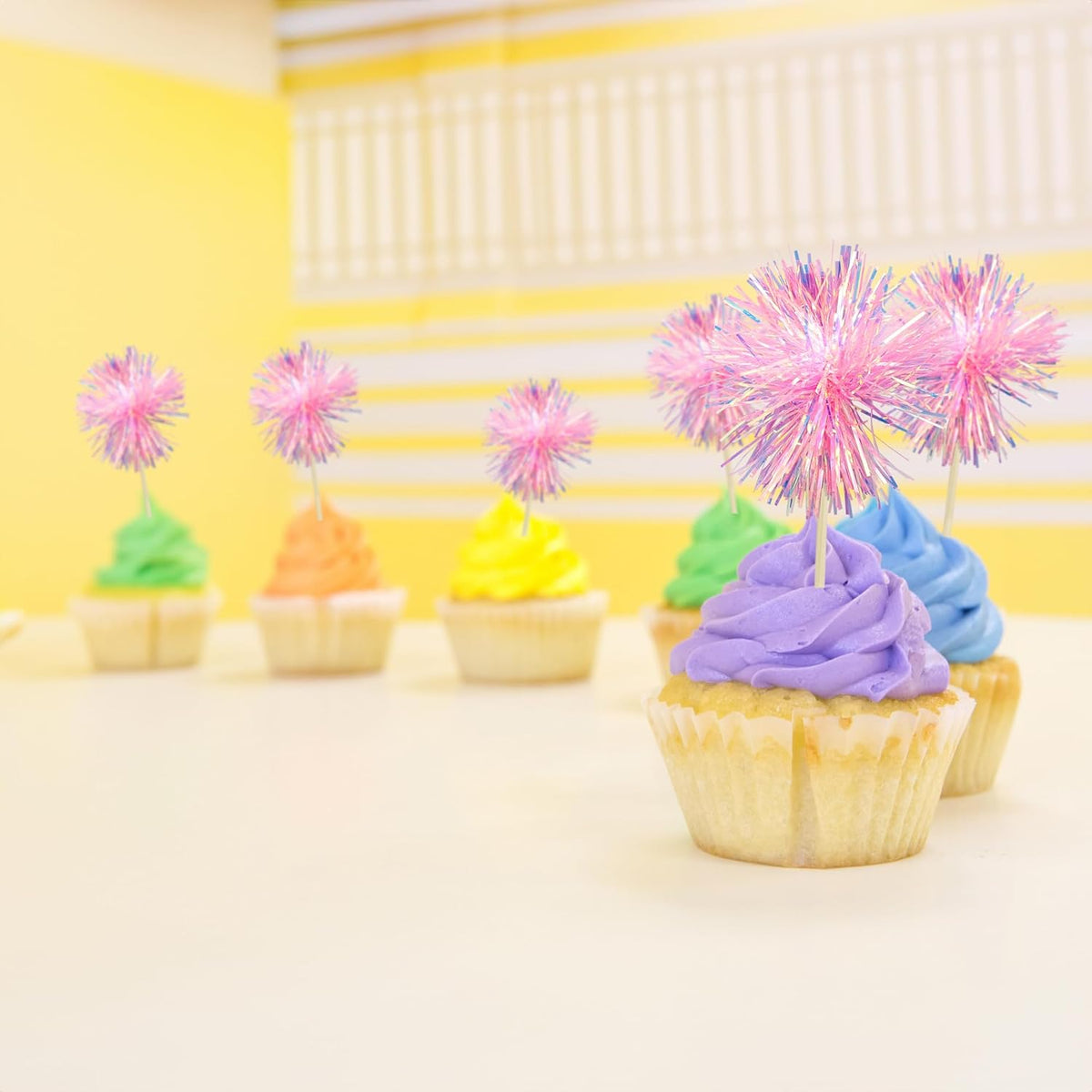30Pcs Foil Firework Cupcake Toppers Sparkle Tinsel Cake Toppers Tinsel Drink Cake Decoration Cocktail Picks for Birthday Wedding Graduation Party Supplies Dark Pink