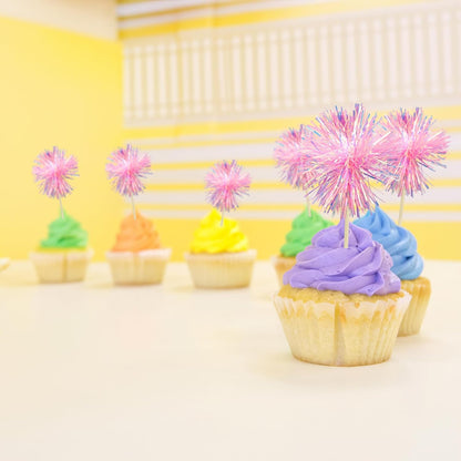 30Pcs Foil Firework Cupcake Toppers Sparkle Tinsel Cake Toppers Tinsel Drink Cake Decoration Cocktail Picks for Birthday Wedding Graduation Party Supplies Dark Pink