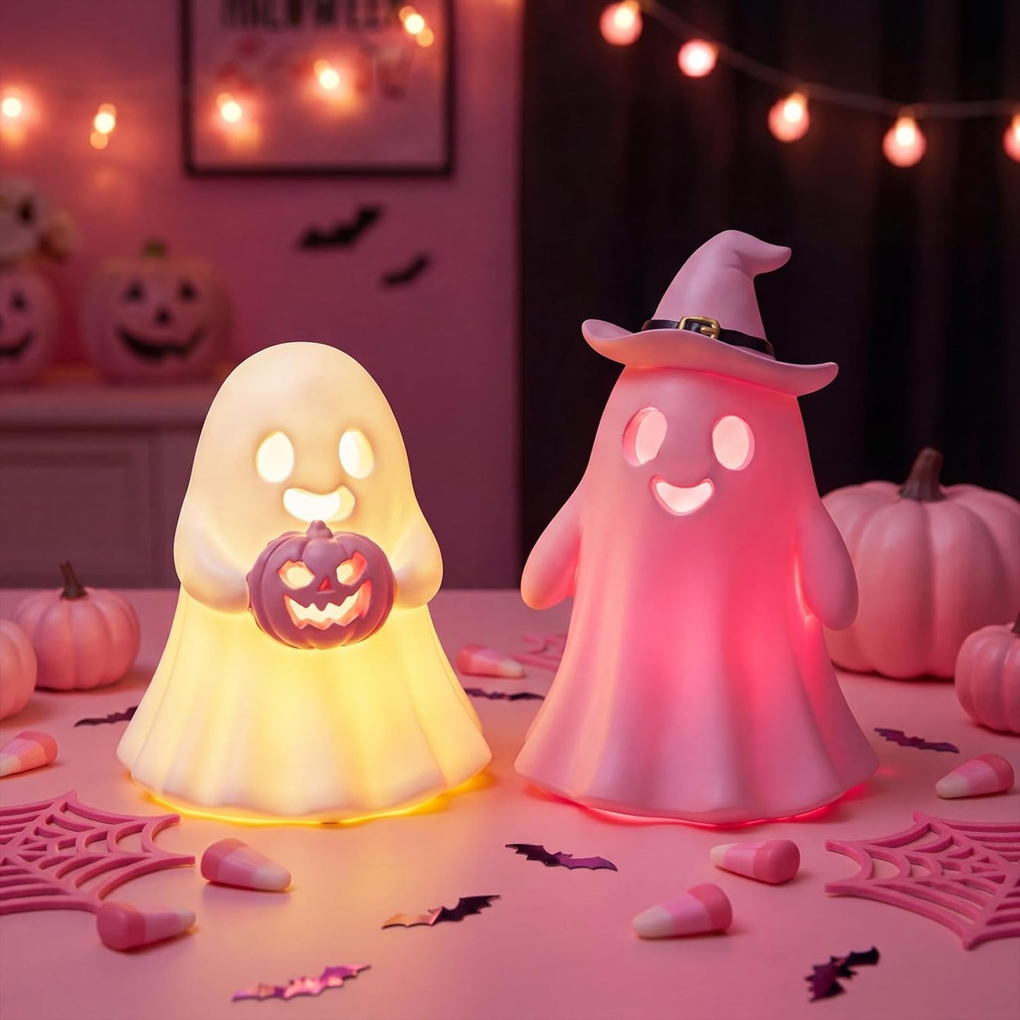 2 Pcs Pink Halloween Decorations Indoor, Light Up Cute Ghost Couple